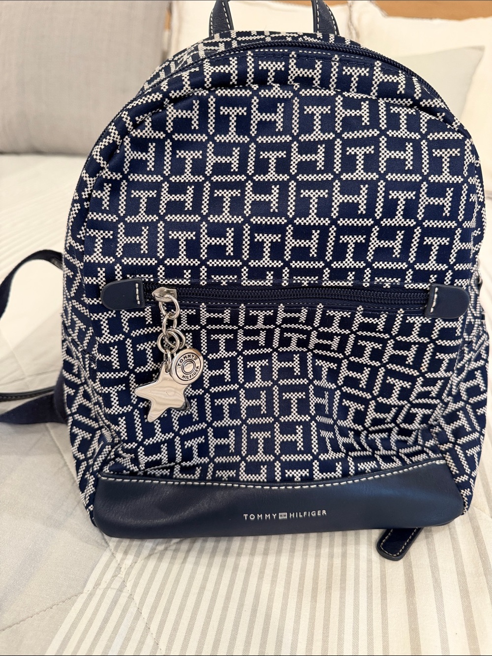 Tommy Hilfiger Navy & White Monogram Mini Backpack with Charm